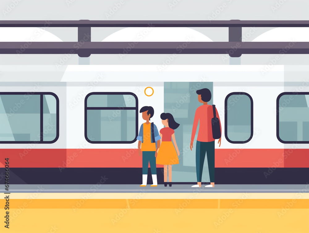 Passengers are using the metro public transport facility to their respective destinations. 2D cartoon style flat illustration.
