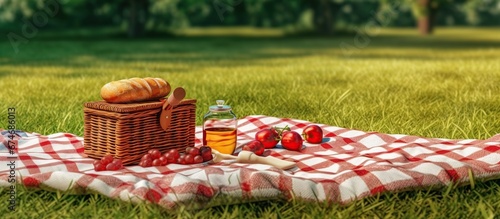 picnic blanket and basket filled with food ,on a green grass field .holiday concept