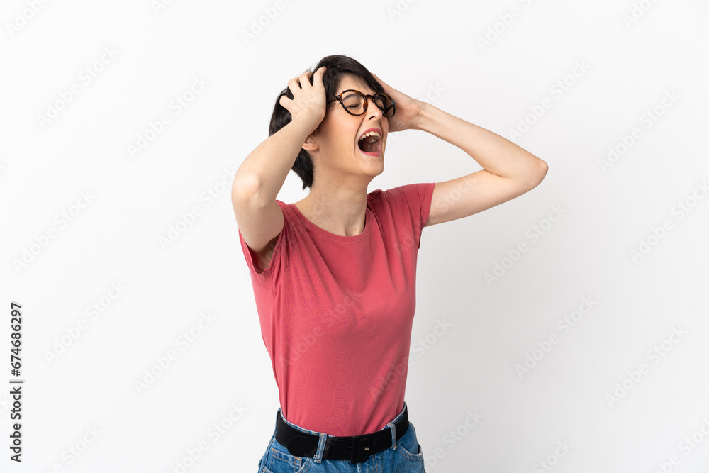 Woman with short hair isolated on white background stressed overwhelmed Woman with short hair isolated on white background stressed overwhelmed