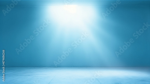 Minimal sky blue room interior with incident light from window. Copy space. Generative AI