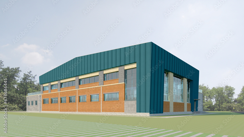 building in the park, 3d rendered sports center, gymnasium building in the park, 3d rendered sports center, gymnasium