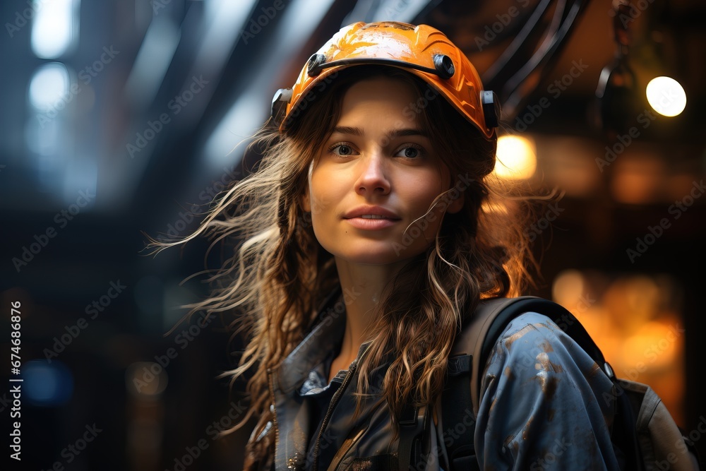 A confident strong gorgeous female construction engineer in a helmet and uniform looks forward. A confident strong gorgeous female construction engineer in a helmet and uniform looks forward.