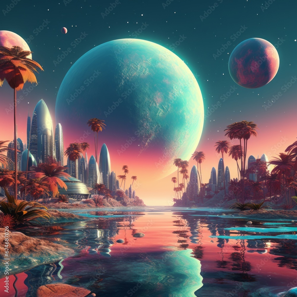 a landscape with a body of water and planets