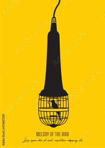 Bird melody, Microphone turned upside down turns into a cage Poster illustration design EPS vector