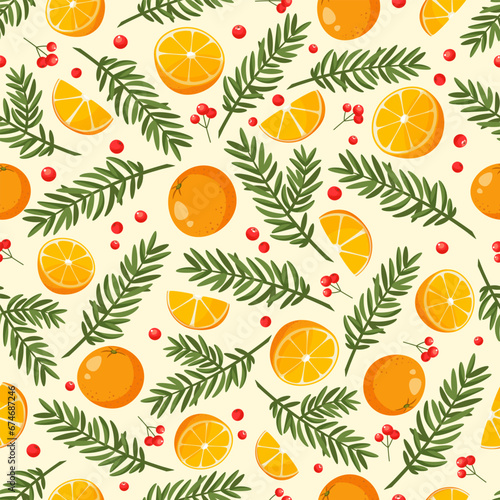 Fototapeta Naklejka Na Ścianę i Meble -  Seamless vector pattern of Christmas decorations, fir branches, oranges, holly berries, snowflakes on a white background. Decorative New Year pattern for holiday packaging, wrapping paper, textiles.