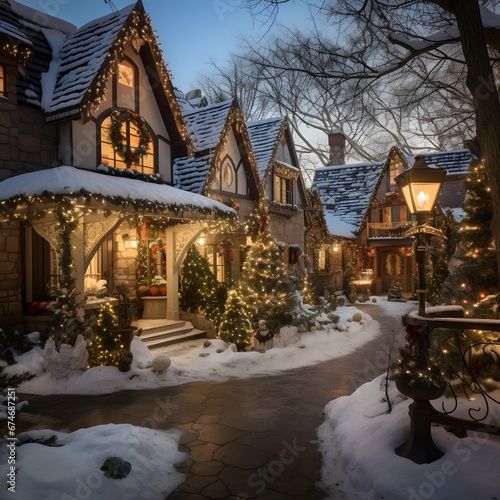 Beautiful christmas houses in the city, winter time, shallow depth of field