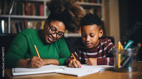 Happy African American mother and son do homework together reading book with school curriculum on table in children room. Love in family and helping child complete tasks. Support from parent to boy