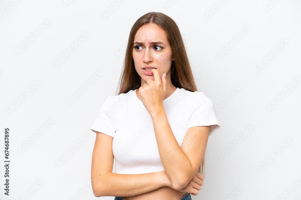 Young caucasian woman isolated on white background nervous and scared Young caucasian woman isolated on white background nervous and scared
