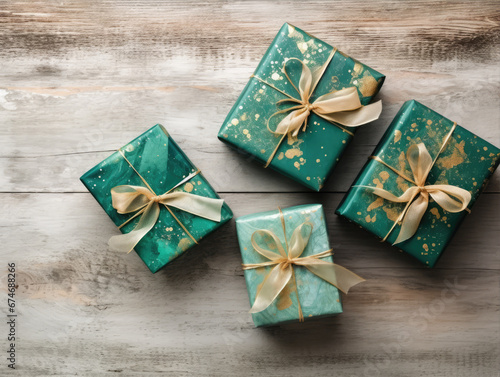 Elegant Array of Coordinated Green and Gold Speckled Gift Boxes on Wooden Surface - A Celebration of Style and Craftsmanship in Gift Wrapping