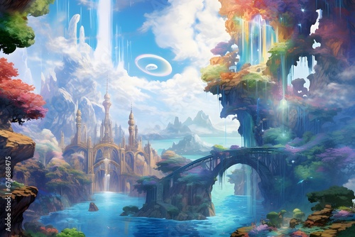 Illustration of a fantasy landscape with a bridge and a lake.