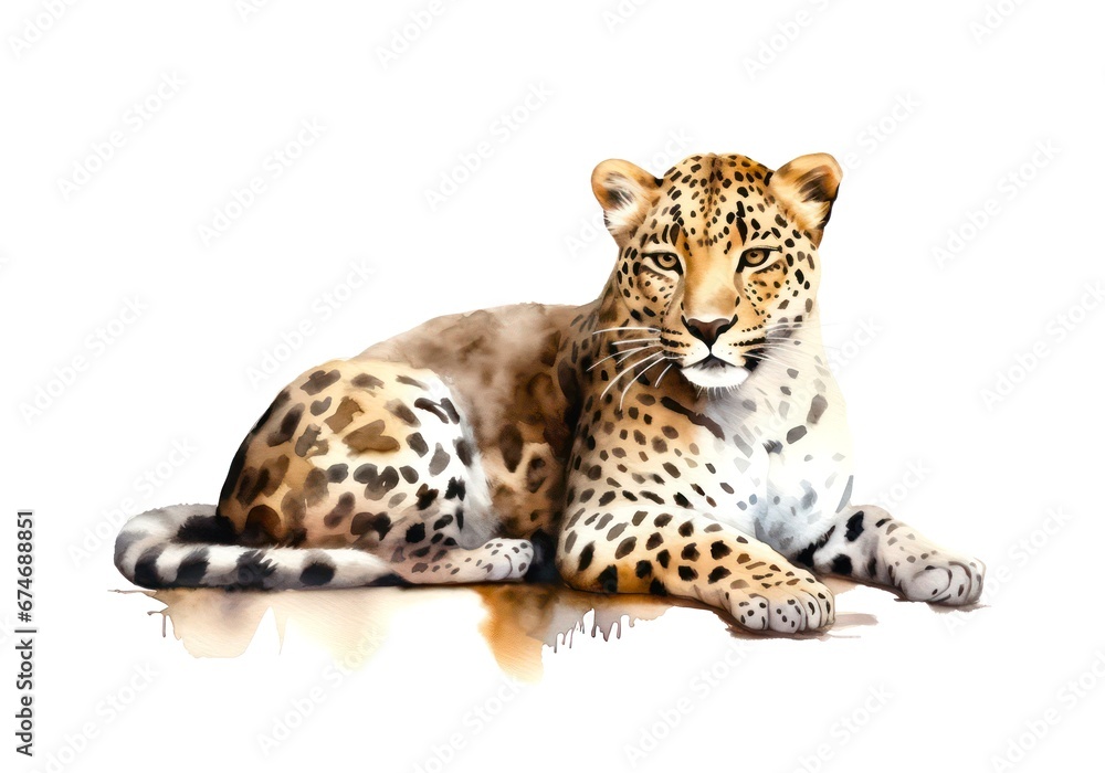 Fototapeta premium Portrait of a leopard on white background in watercolor style.