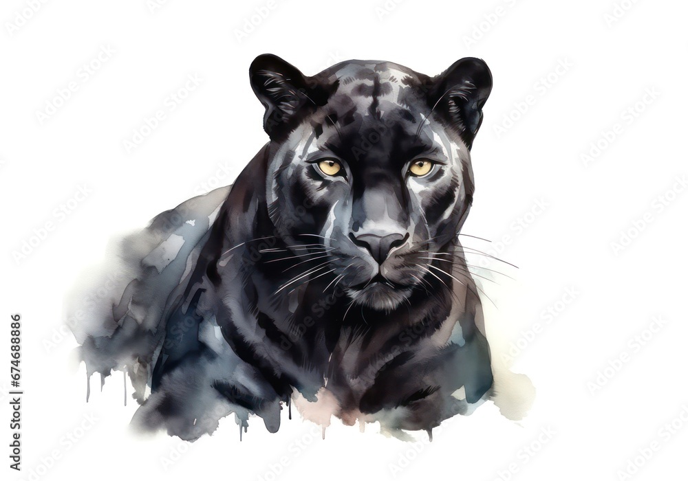 Portrait of a majestic black panther on white background in watercolor style.