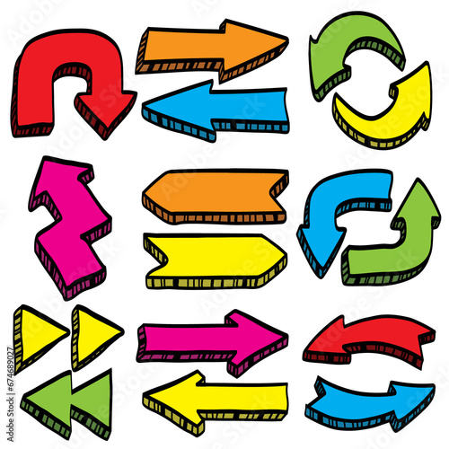 Set of hand drawn arrow multicolored,cartoon ,doodle