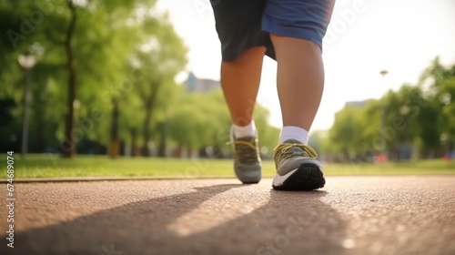 Fat man in athletic attire runs on asphalt path in park on sunny day. Man enhancing physical health and shedding pounds with desire to shed weight. Active lifestyle and keeping eye on human appearance