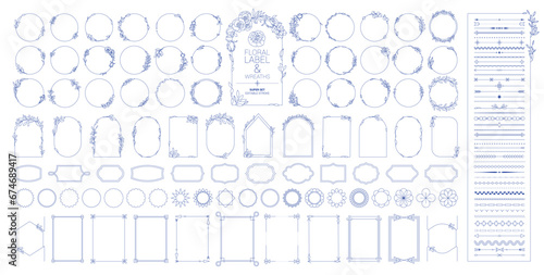 Set of elegant floral logo elements. Borders and dividers, frame corners and branch, Thin line full vector illustrations.