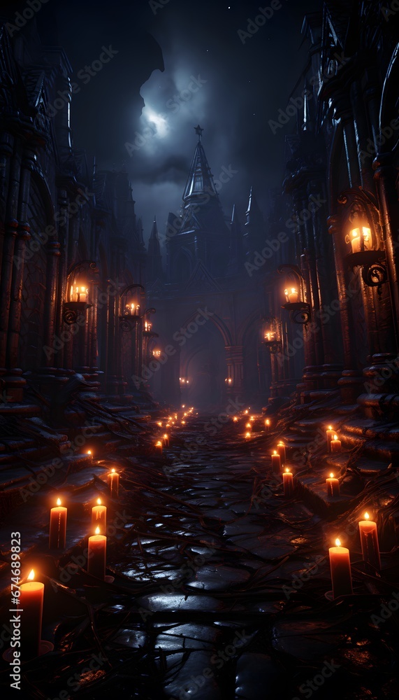 Dark corridor with glowing candles in the church. 3D rendering.