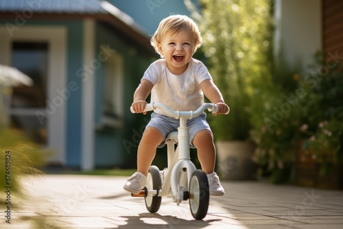 Young Child Joyfully Riding Tricycle in Sunny Backyard photo