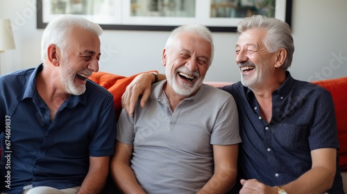 Old male friends of different races laugh remembering times and events sitting on couch in living room of apartment. Positive emotions and lifelong friendship. Laughing at joke with acquaintances.