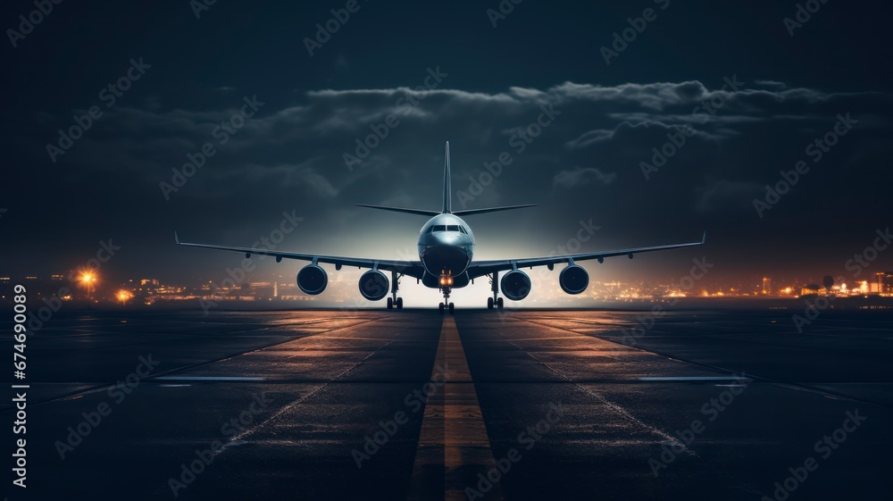 A jet airplane stands ready on the runway, its silhouette stark against the city lights and the twilight sky, capturing the essence of travel - obrazy, fototapety, plakaty 