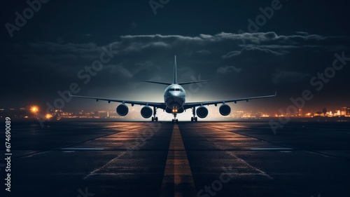 A jet airplane stands ready on the runway, its silhouette stark against the city lights and the twilight sky, capturing the essence of travel