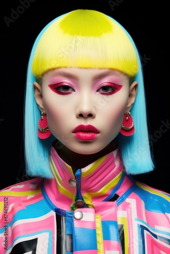 Striking image of a woman with bold makeup and brightly colored hair in a vivid  stylish outfit