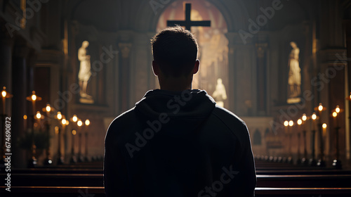 A Christian man praying inside a church with a cross in the background
