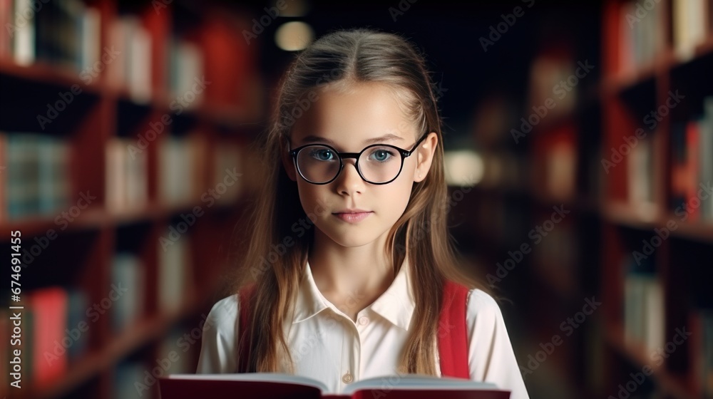 Serious schoolgirl holds book standing in blurred library at school. Caucasian girl studies school material before lesson at educational institution. Selfrealization and development. Close-up portrait Serious schoolgirl holds book standing in blurred library at school. Caucasian girl studies school material before lesson at educational institution. Selfrealization and development. Close-up portrait