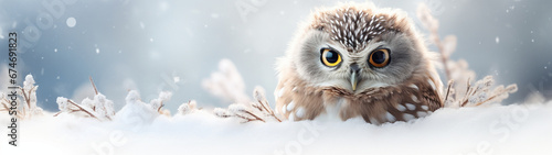 Banner with cute owl on snowy winter nature background. Generative AI