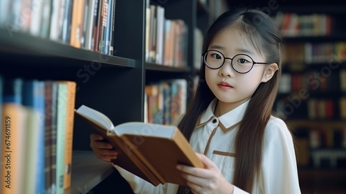 Serious schoolgirl holds book standing in blurred library at school. Asian girl studies school material before lesson at educational institution. Selfrealization and development. Close-up portrait.