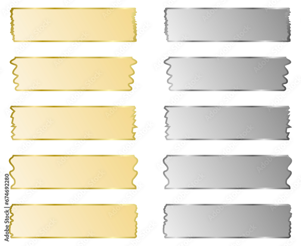 Set of ribbons with silver and golden metal frame. Washi tapes collection. Pieces of decorative tape for scrapbooks. Vector graphic elements for design. Buttons, stickers, banners Set of ribbons with silver and golden metal frame. Washi tapes collection. Pieces of decorative tape for scrapbooks. Vector graphic elements for design. Buttons, stickers, banners