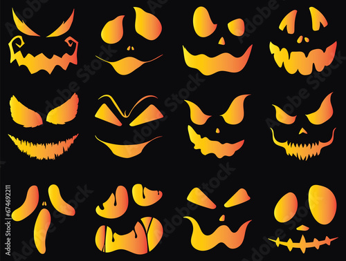 halloween monster jack lantern glowing scary face set on black background. cartoon character  vector cartoon spooky