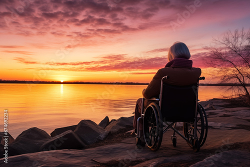 a woman in a wheelchair by the lake at sunset
