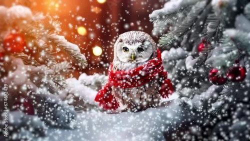 Christmas Owl Animation.  Generated Image. An animation of a Christmas owl in a snowy forest in a snowfall.