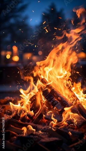 Burning firewood on the street in winter. Close-up.