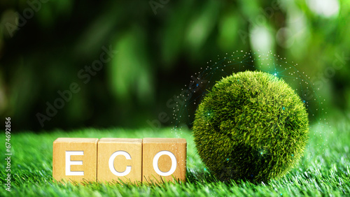 Green grass earth globe inside of smart digital network icon with ECO text on wooden dices in the garden background for save clean planet concept, Ecology environment friendly, energy-saving products.