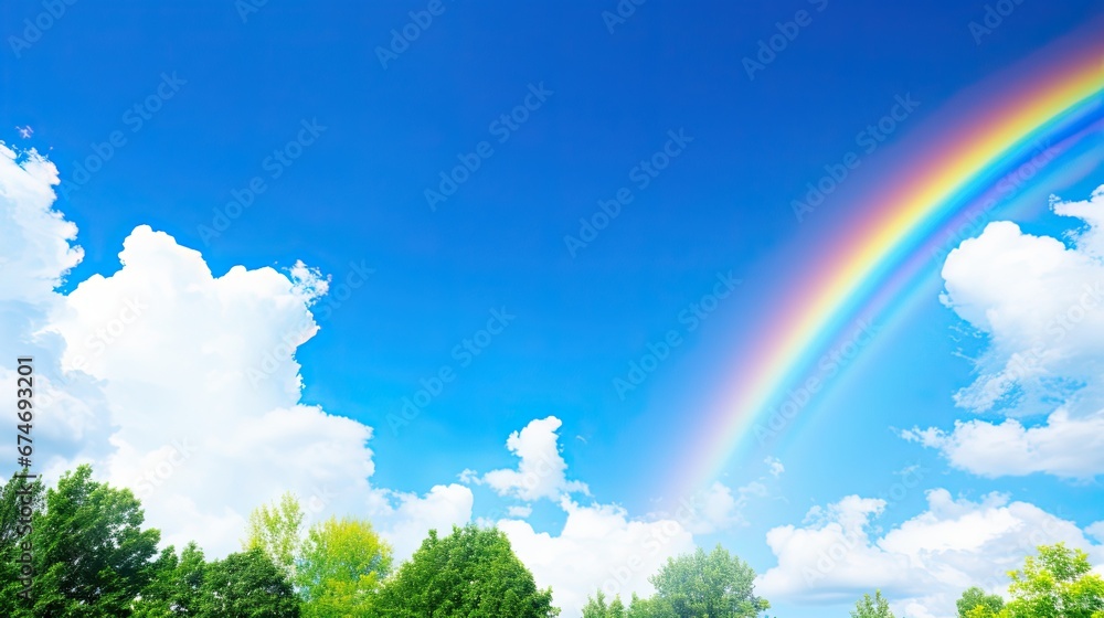 Clear blue sky with a vibrant rainbow stretching across after a refreshing rain shower, symbolizes the colorful and uplifting essence of love.