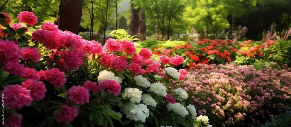 In the beautiful garden of vibrant green the colorful and bright floral display of red and pink flowers adds to the beauty of the summer and spring seasons creating a stunning background tha