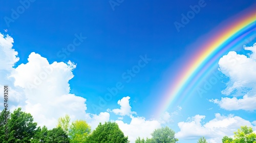 Clear blue sky with a vibrant rainbow stretching across after a refreshing rain shower  symbolizes the colorful and uplifting essence of love.