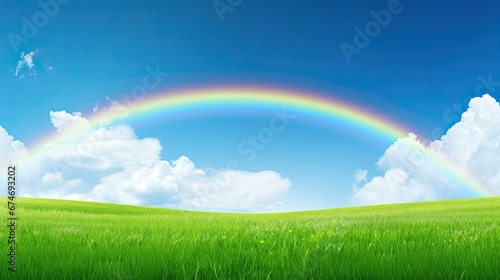 Clear blue sky with a vibrant rainbow stretching across after a refreshing rain shower  symbolizes the colorful and uplifting essence of love.