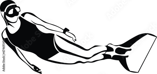 Cartoon Black and White Isolated Illustration Vector Of A Person Swimming Wearing Swimming Fins