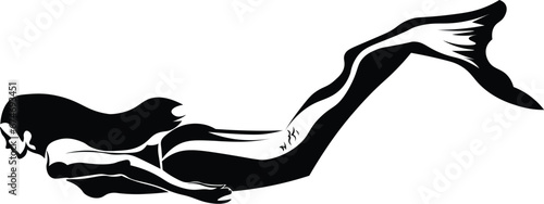 Cartoon Black and White Isolated Illustration Vector Of A Female Mermaid Swimming