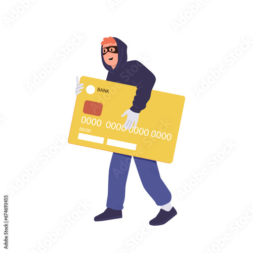 Male thief wearing facemask and hoodie stealing debit or credit card isolated on white background