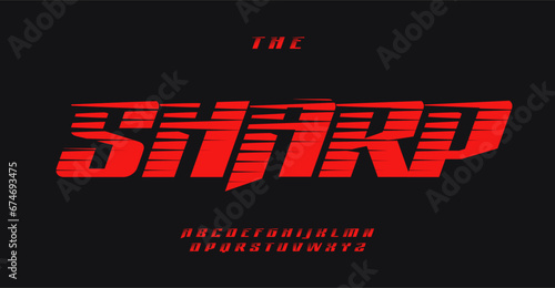 Dynamic sports alphabet with edgy cutout lines. Sharp angled font for racing logo, fast action, competitive race. Modern typographic design. Vector typeface.