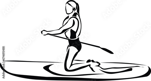 Cartoon Black and White Isolated Illustration Vector Of A Woman Kneeling on A Paddleboard Holding an Oar 
