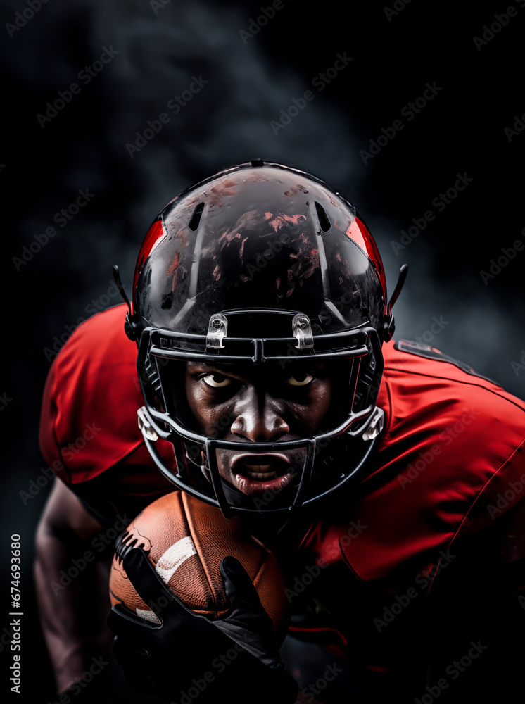 American football player holding the ball and charging forward with rain and water splashing around him. Concept of victory, hard work and American football. Shallow field of view with copy space.