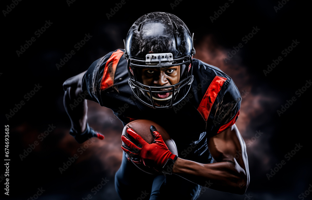 American football player holding the ball and charging forward with rain and water splashing around him. Concept of victory, hard work and American football. Shallow field of view with copy space.