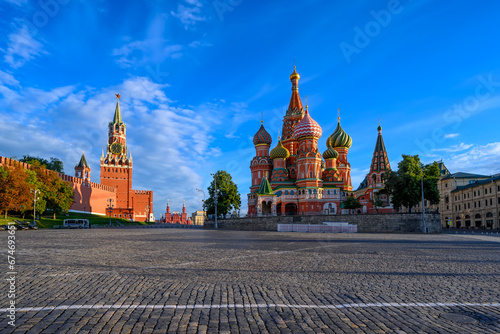 Saint Basil's Cathedral, Spasskaya Tower and Red Square in Moscow, Russia. Architecture and landmarks of Moscow.