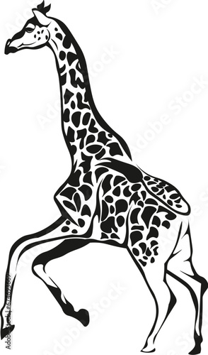 Cartoon Black and White Isolated Illustration Vector Of A Giraffe Running