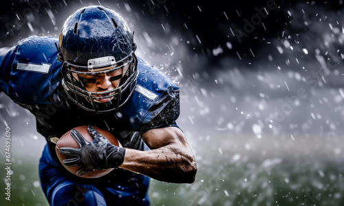 American football player holding the ball and charging forward with rain and water splashing around him. Concept of victory, hard work and American football. Shallow field of view with copy space. photo