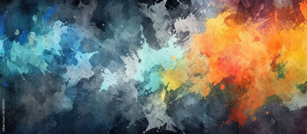 An abstract watercolor art illustration with patterns and a black grunge background on textured paper creates a vibrant and captivating brush stroke masterpiece perfect for a colorful and ar